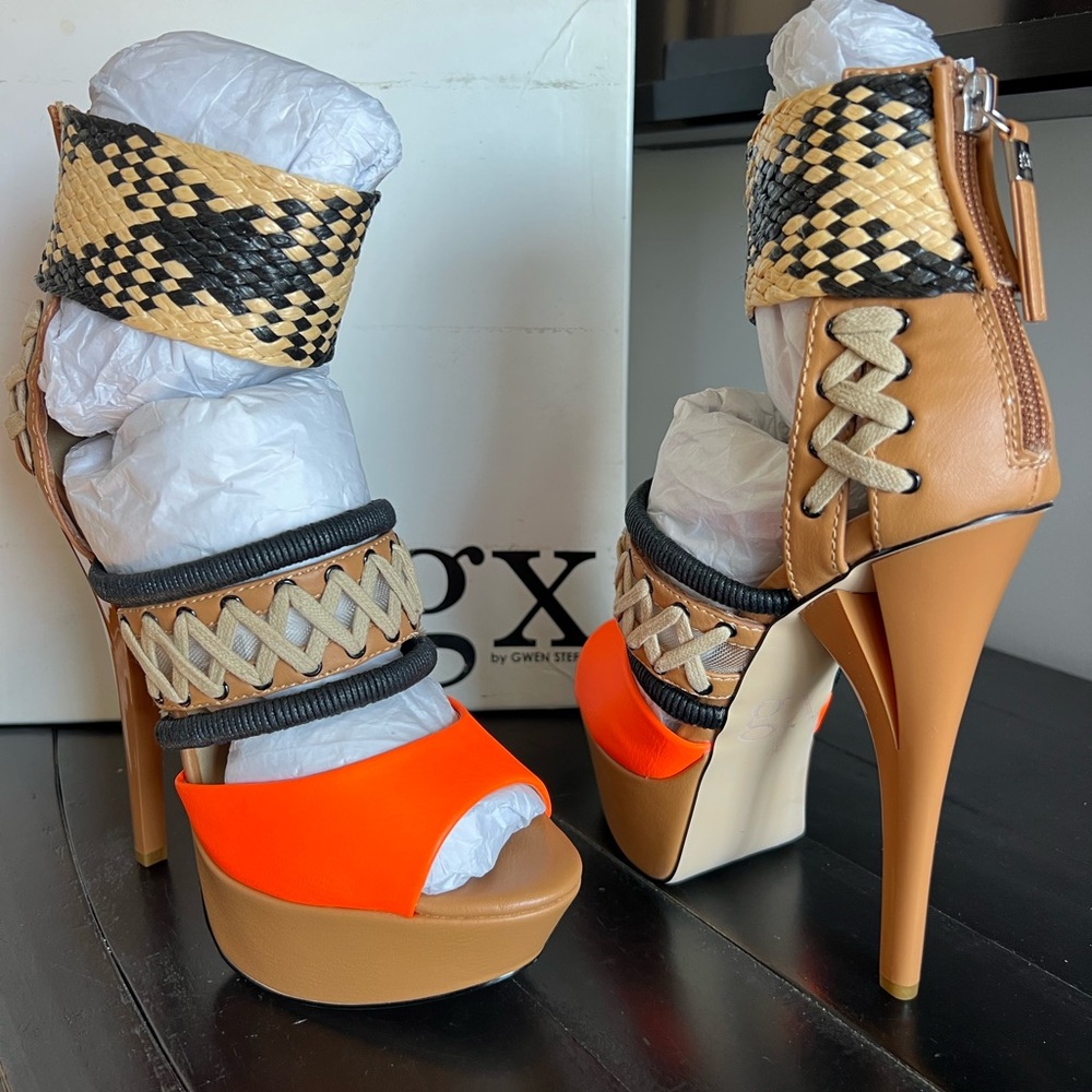 GX by Gwen Stefani Vibrant Orange and Tan Heels